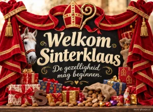 Een rode mantel en cadeaus omlijsten een feestelijke welkomstgroet voor Sinterklaas.