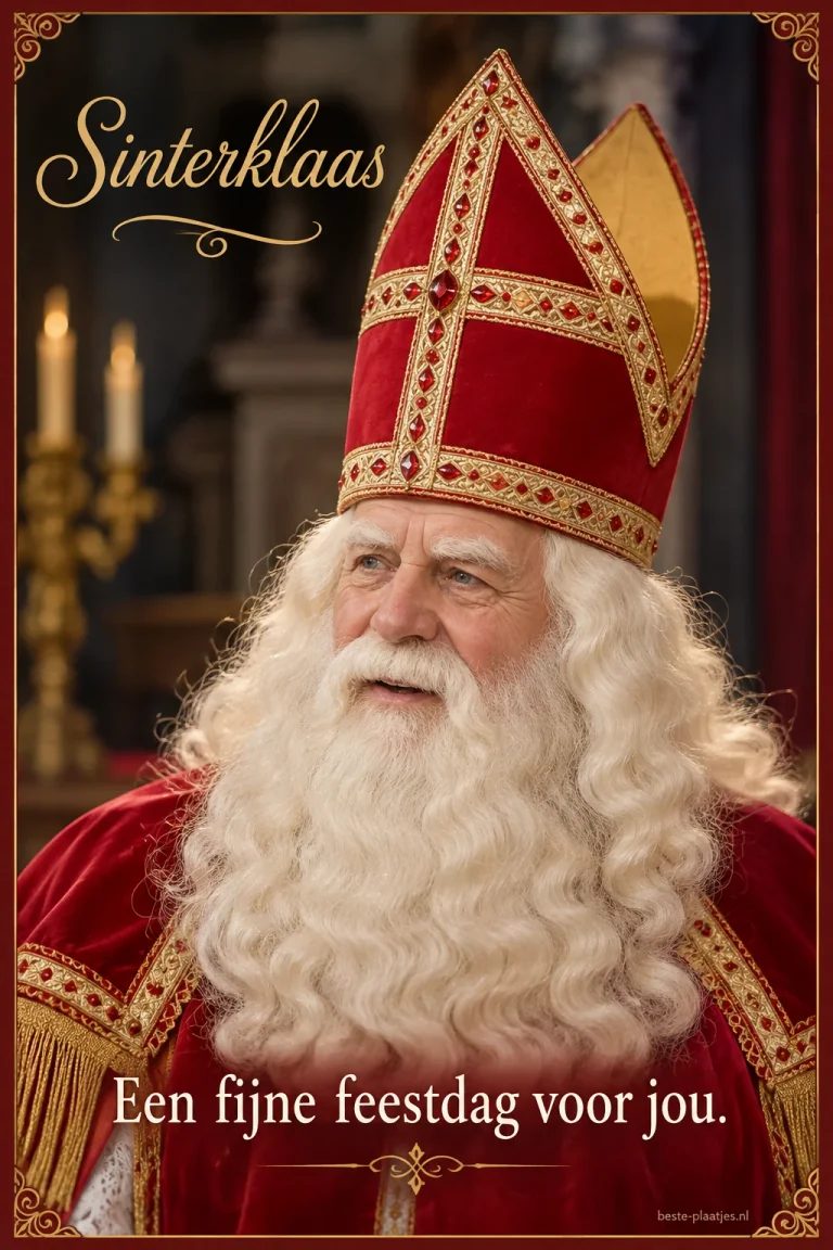 Een portret van Sinterklaas met rode mijter brengt een vriendelijke feestdaggroet.