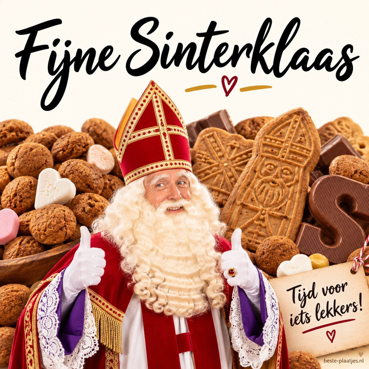 Een vrolijke Sinterklaas met zijn duim omhoog staat tussen feestelijke lekkernijen.