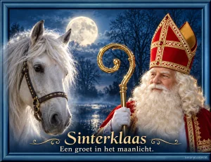 Een wit paard en Sinterklaas staan in een donkerblauwe kaart met maanlicht.