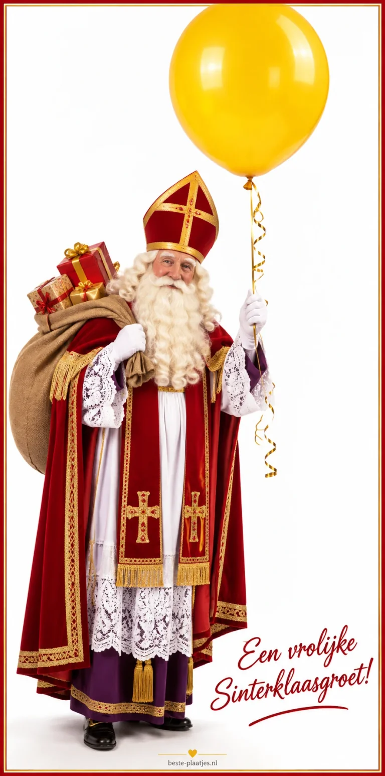 Sinterklaas met een gele ballon en een zak cadeaus brengt een vrolijke groet.