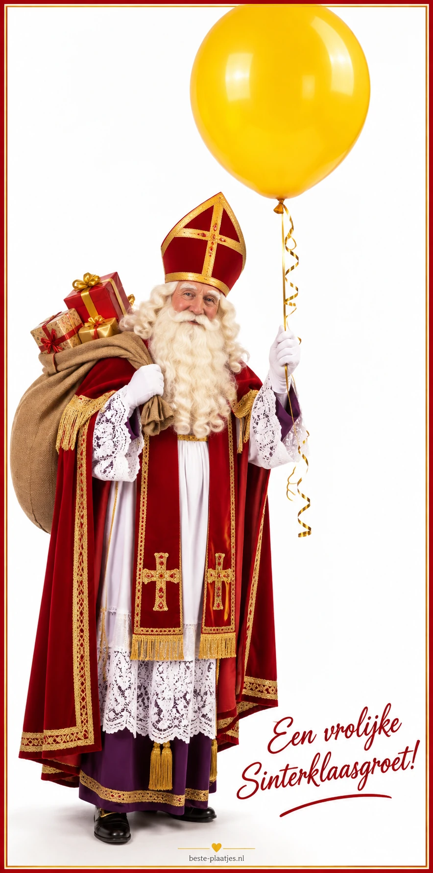 Sinterklaas met een gele ballon en een zak cadeaus brengt een vrolijke groet.