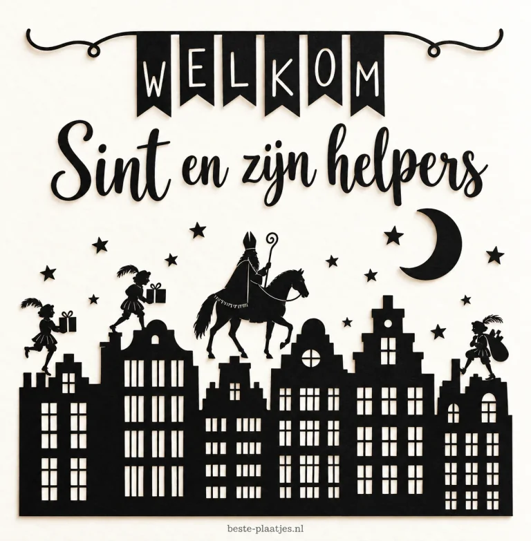 Een zwart silhouet van Hollandse gevels, Sinterklaas en helpers vormt een welkomstkaart.