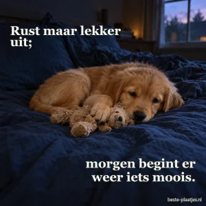 Een golden retrieverpup slaapt met een knuffel op blauw linnen.