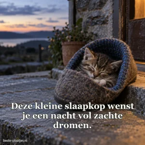 Een gestreept kitten slaapt in een wollen pantoffel op een stoep.