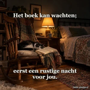 Een zwart-witte kat slaapt naast een boek in een schommelstoel.