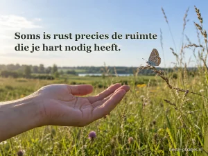 Een hand ligt open bij een vlinder in een zomerse weide.