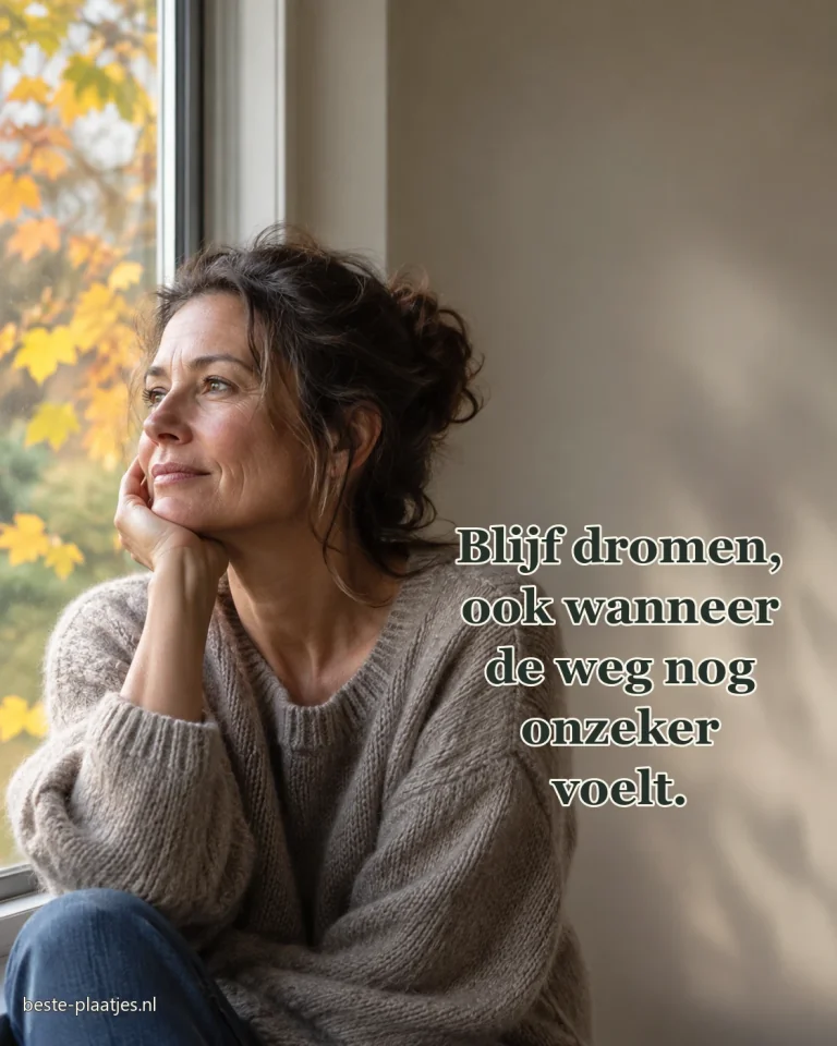 Een vrouw kijkt door een raam uit op herfstbomen.