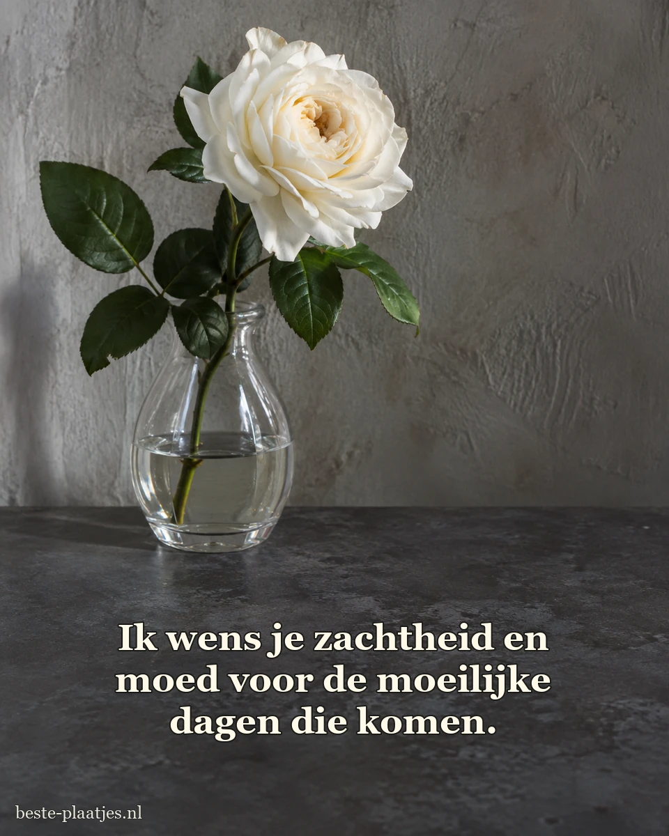 Een witte roos staat in een glas tegen een grijze muur.