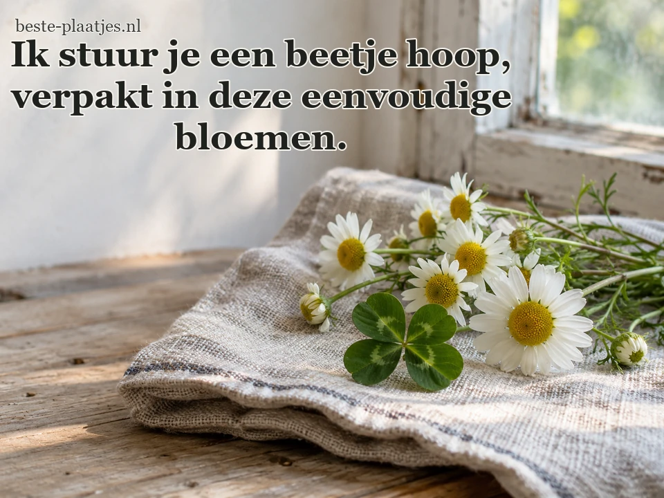Kamillebloemen en een klavertje liggen op een linnen doek.
