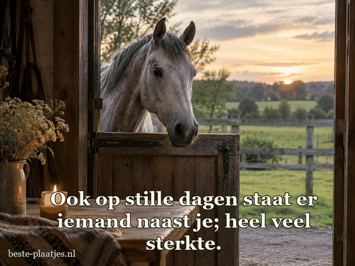 Een grijs paard kijkt vanuit een stal naar een vredig landschap.