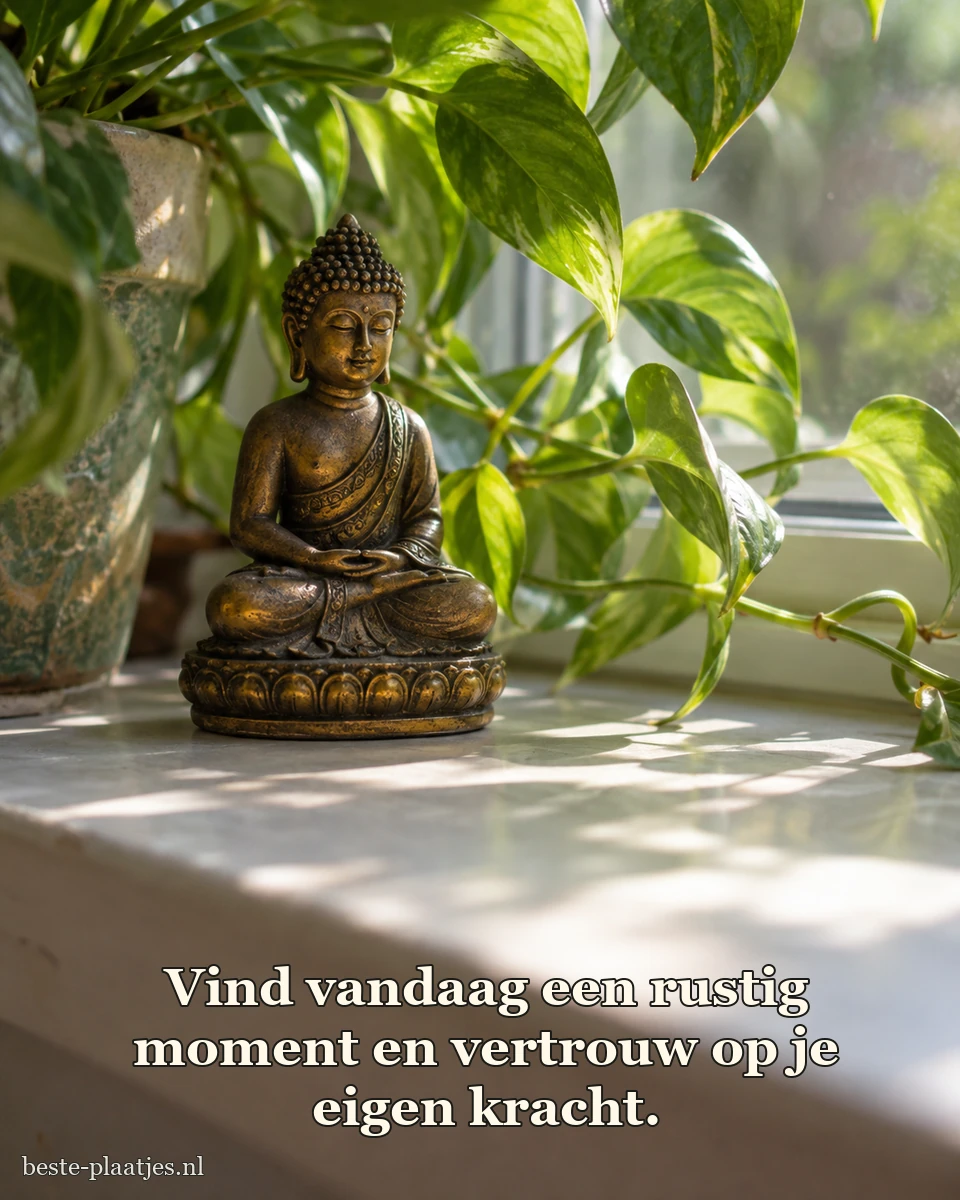 Een klein messing boeddhabeeld staat tussen groene kamerplanten.