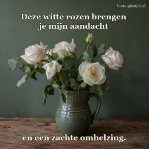 Een boeket witte rozen staat in een groene kan voor een saliegroene muur.