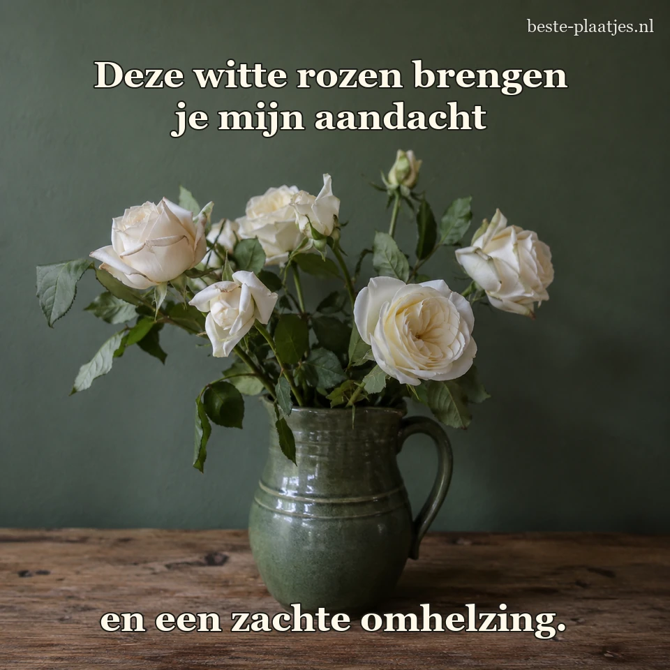 Een boeket witte rozen staat in een groene kan voor een saliegroene muur.