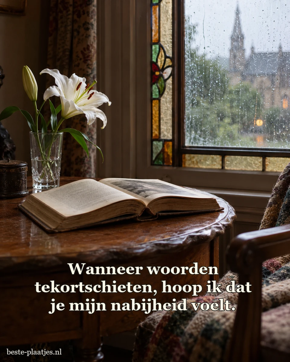 Een open boek en witte lelie staan bij een raam met regen.