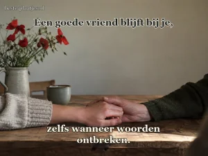 Twee vrienden houden elkaars hand vast aan een houten keukentafel.