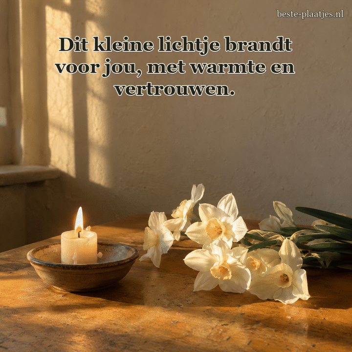 Een brandende kaars staat naast witte narcissen in avondlicht.