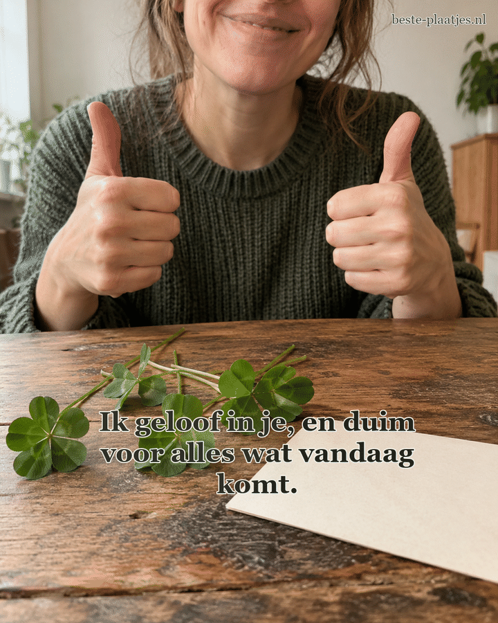 Een vrouw steekt haar twee duimen op boven klavertjes op tafel.
