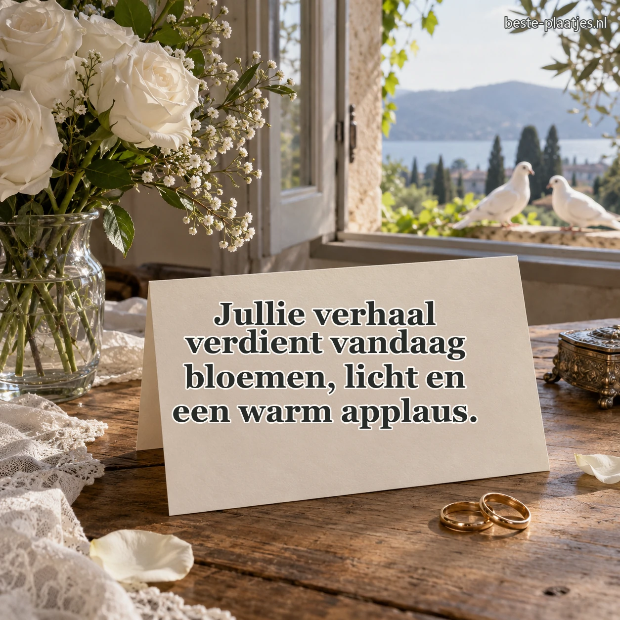 Een lege kaart staat bij rozen en ringen op een houten tafel.