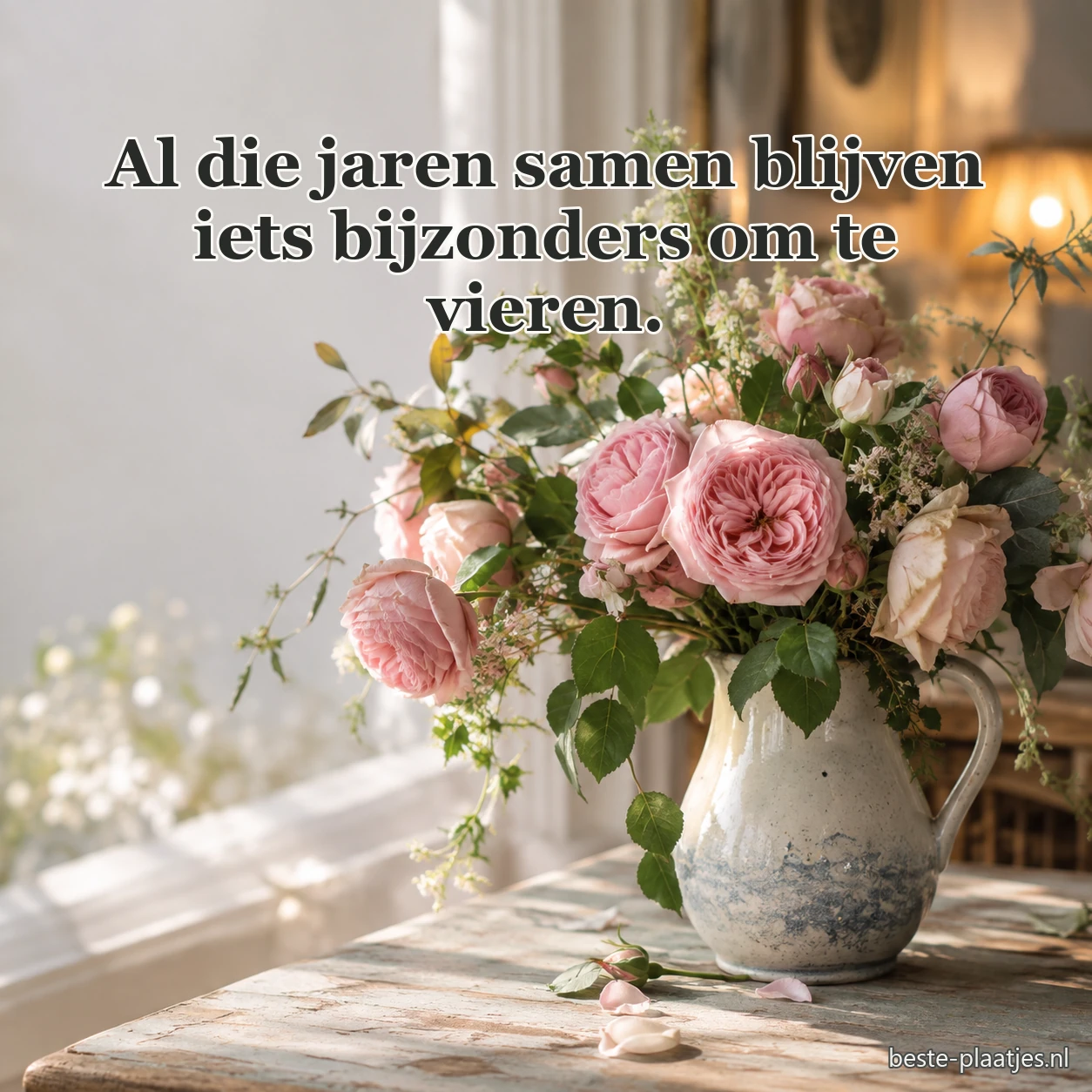 Roze tuinrozen staan in een aardewerken kan bij het raam.