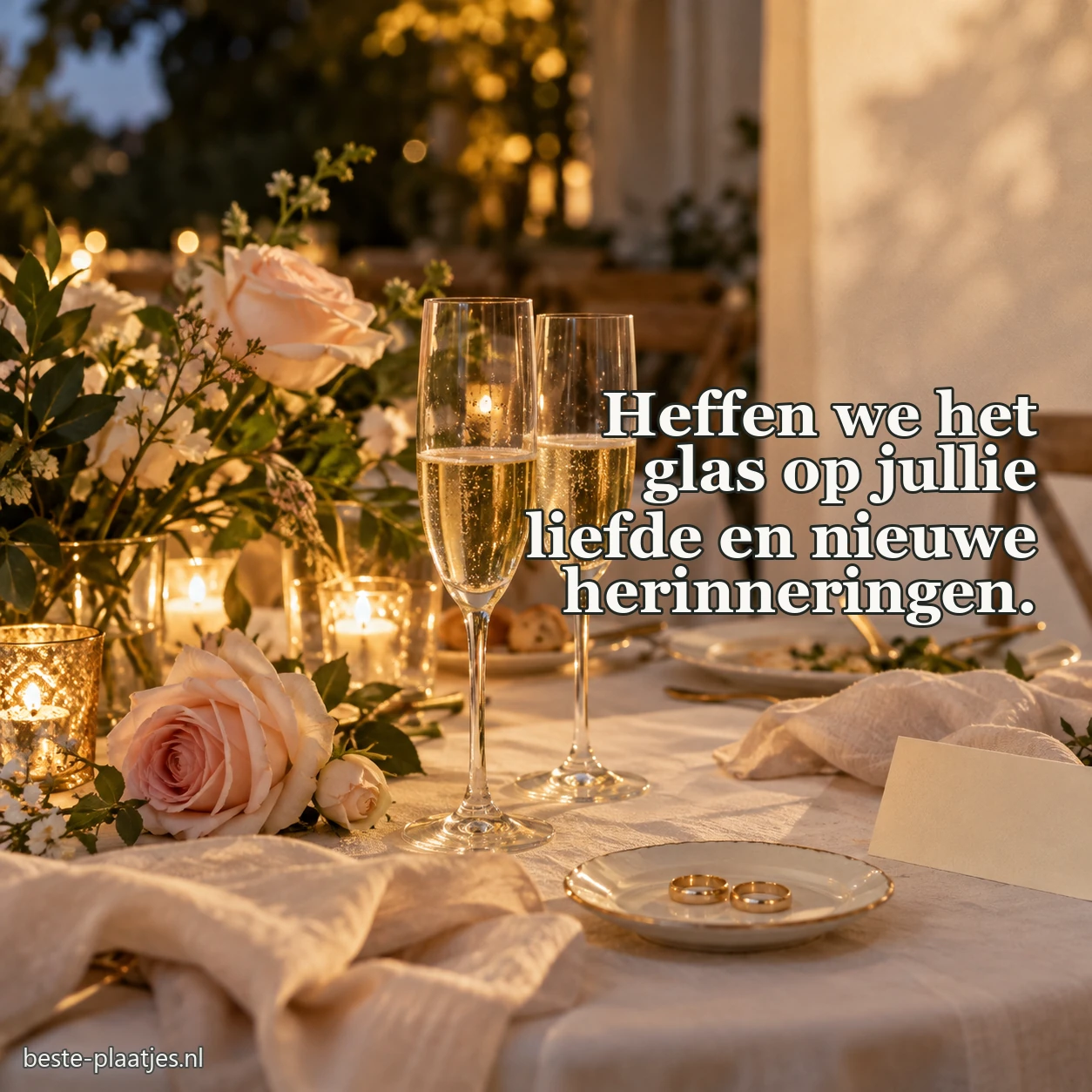 Champagneglazen staan naast rozen en ringen op een feesttafel.
