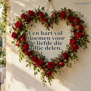 Een hartvormige krans van rode rozen hangt aan een lichte muur.