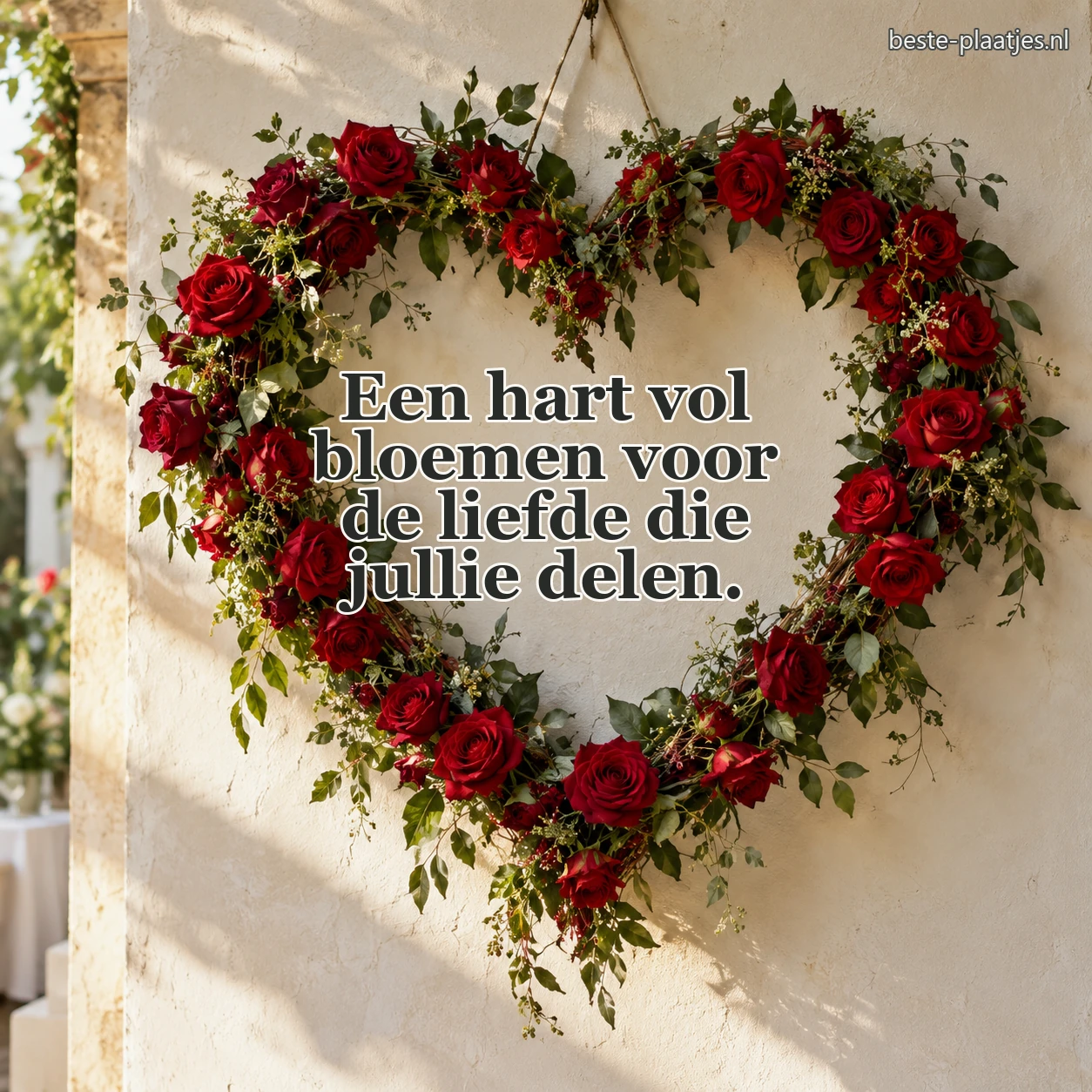 Een hartvormige krans van rode rozen hangt aan een lichte muur.