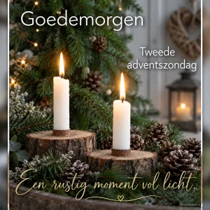 Twee witte kaarsen op houten schijven brengen een rustige adventsgroet.
