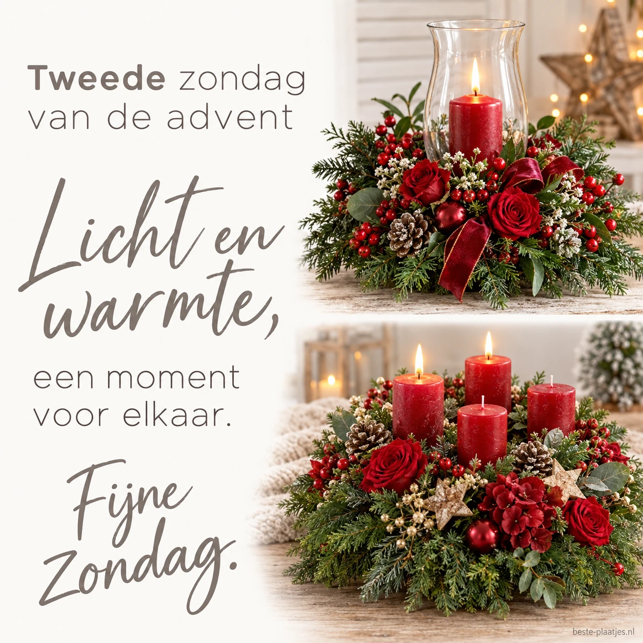 Een lichte collage met rode bloemen en kaarslicht brengt een wens voor de tweede advent.