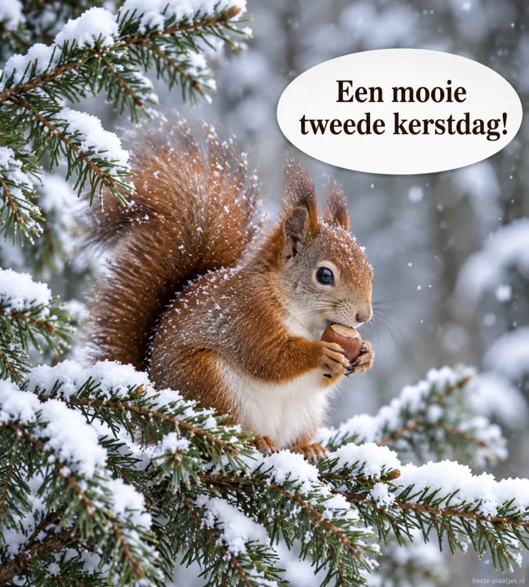 Een eekhoorn tussen besneeuwde dennentakken wenst je een mooie tweede kerstdag.