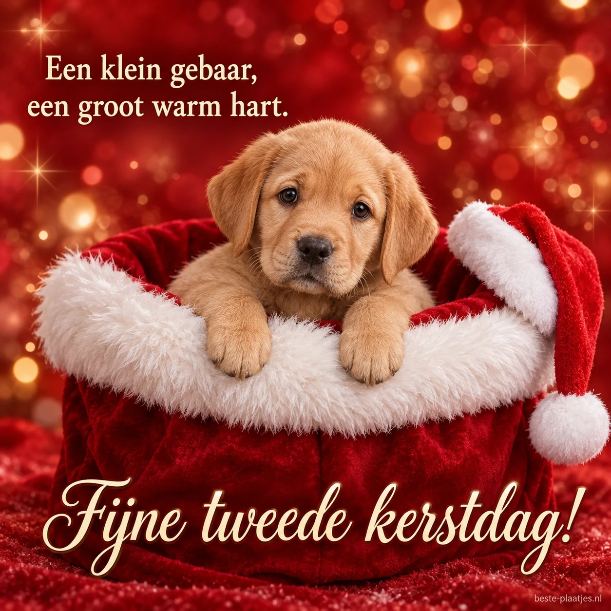 Een puppy in een rode kerstmand brengt een hartelijke tweede-kerstdagwens.