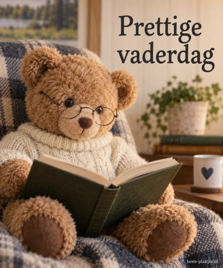 Een stoffen beer met bril en trui leest een boek op de bank.
