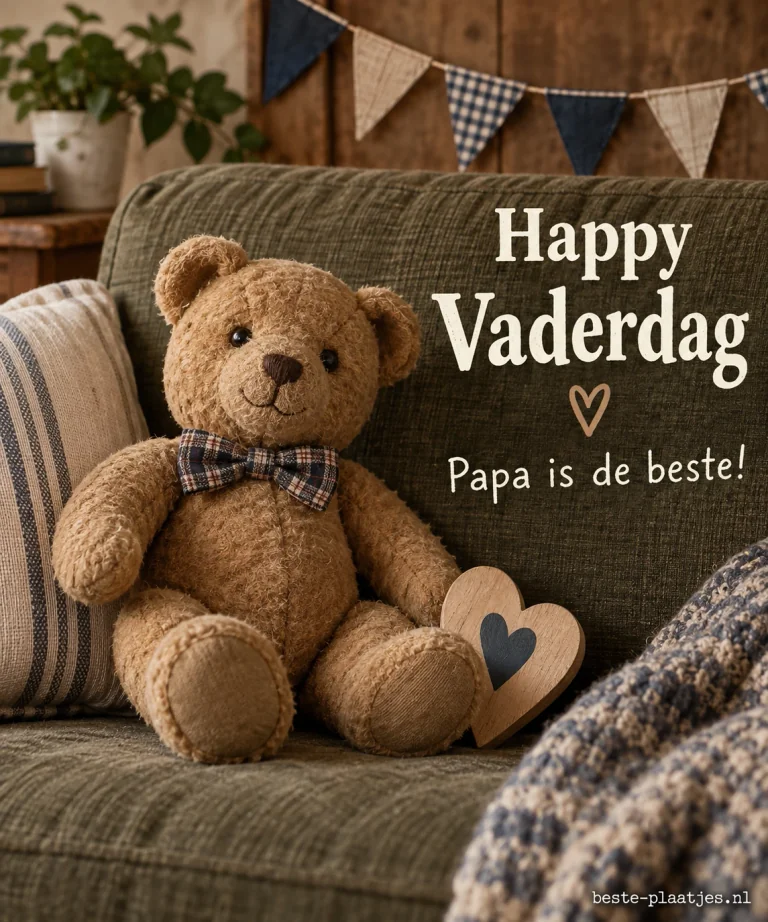 Een stoffen beer zit op een bank onder een kleine vlaggenslinger.