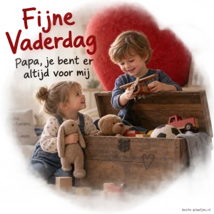 Twee kinderen spelen bij een houten speelgoedkist voor een rood hart.