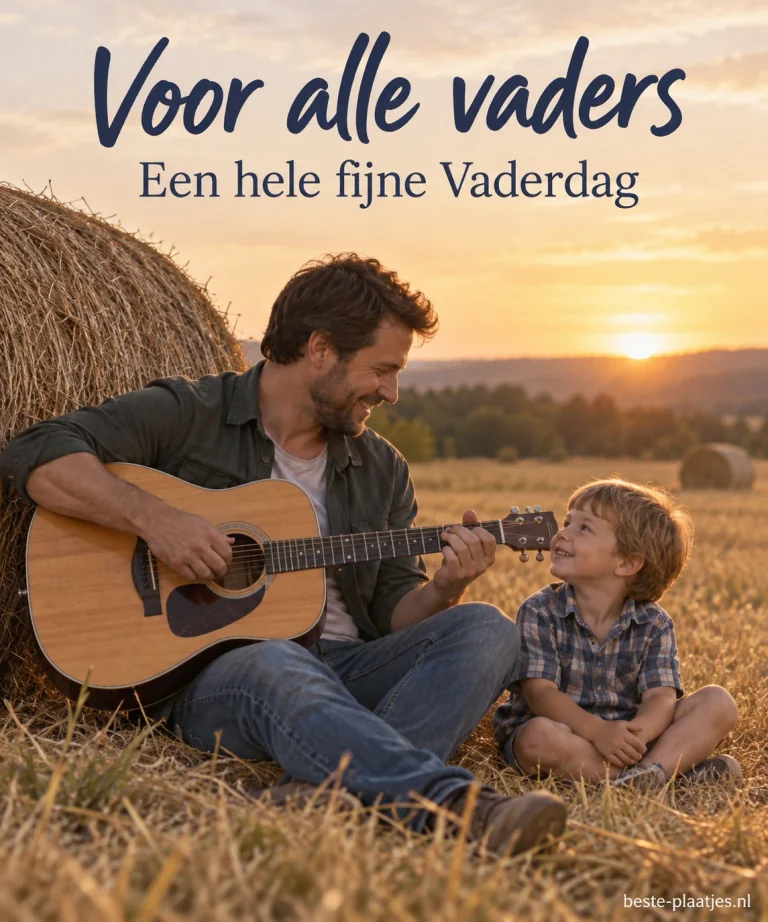 Een vader speelt gitaar voor zijn kind in een warm verlicht veld.