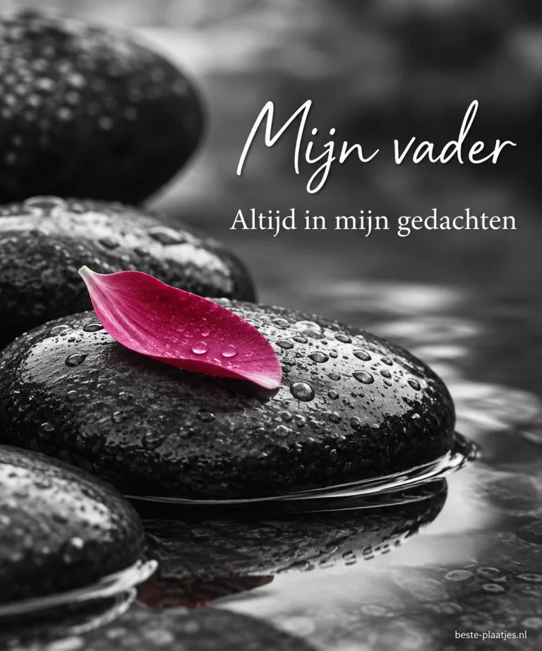 Een roze bloemblaadje ligt op donkere natte stenen.