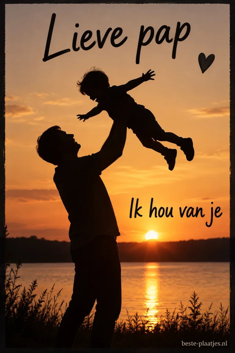 Een vader tilt zijn kind op tegen een oranje avondlucht.