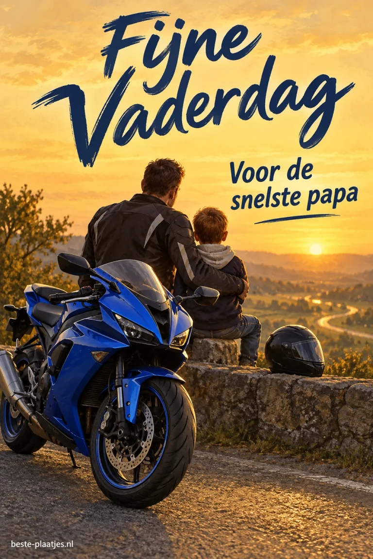Een vader en kind kijken bij een blauwe sportmotor naar de zonsondergang.