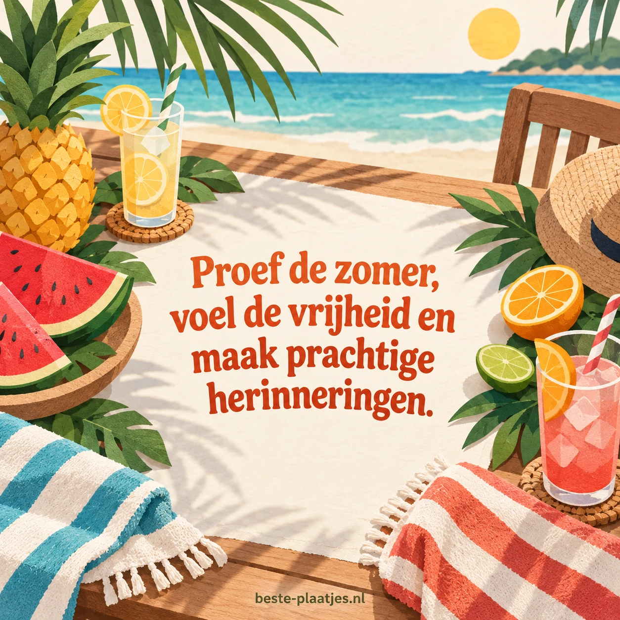 Tropisch fruit, koele drankjes en strandlakens liggen op een zonnige picknicktafel.