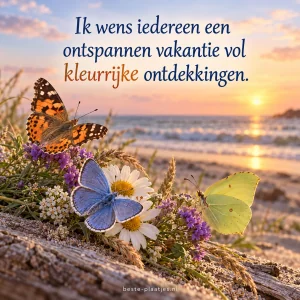 Drie kleurrijke vlinders rusten tussen kustbloemen tijdens een warme zonsondergang.