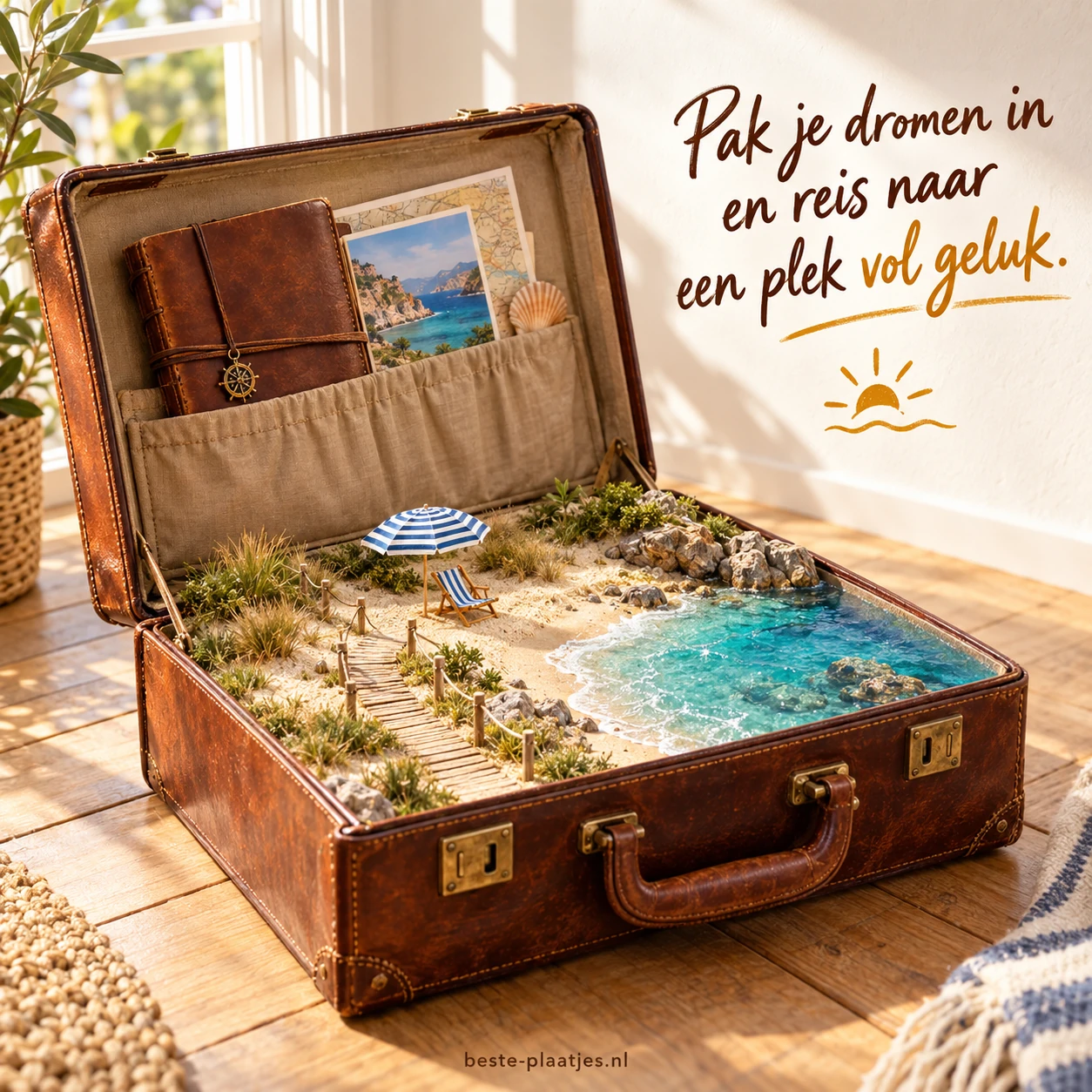 Een open koffer bevat een miniatuurstrand met helderblauw water.