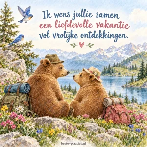 Twee beren met rugzakken zitten tussen bloemen bij een helder bergmeer.