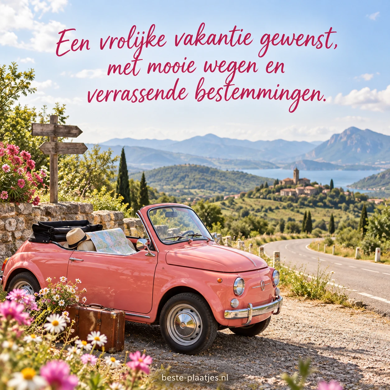 Een roze klassieke cabriolet staat tussen bloemen naast een slingerende bergweg.