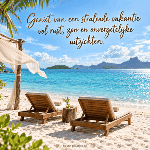 Twee houten ligstoelen kijken vanaf wit zand uit over een turquoise lagune.