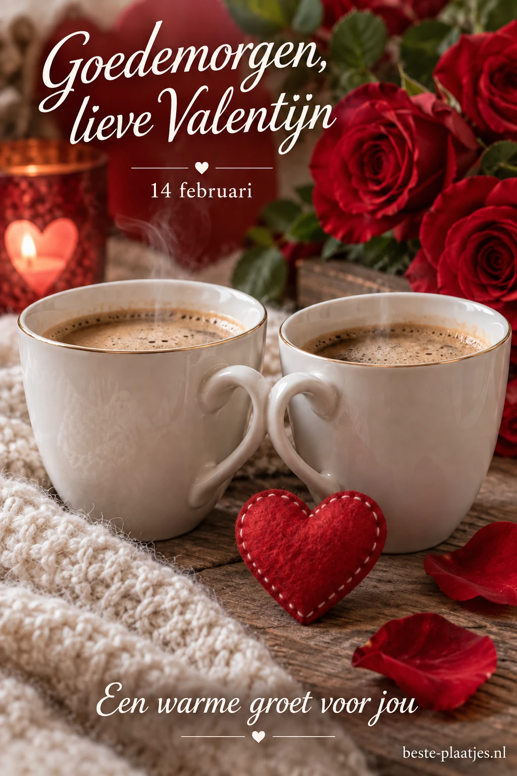 Twee kopjes koffie staan tussen rode rozen en hartjes.