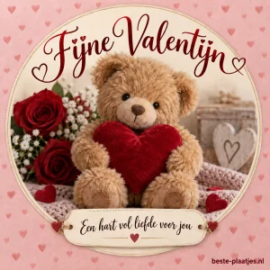 Een echte pluche teddybeer houdt een rood stoffen hart vast.
