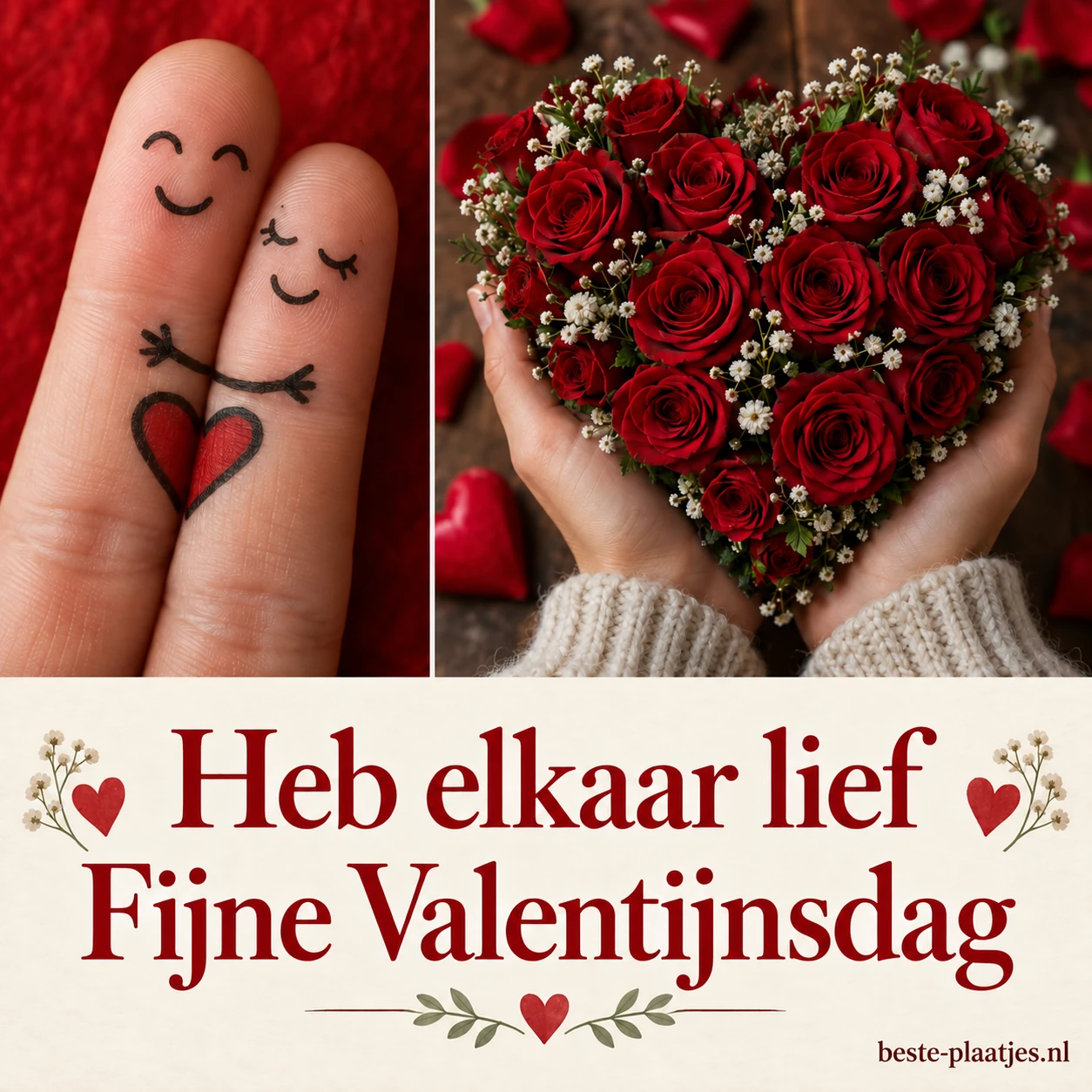 Handen houden een hart van rode rozen vast in een romantische collage.
