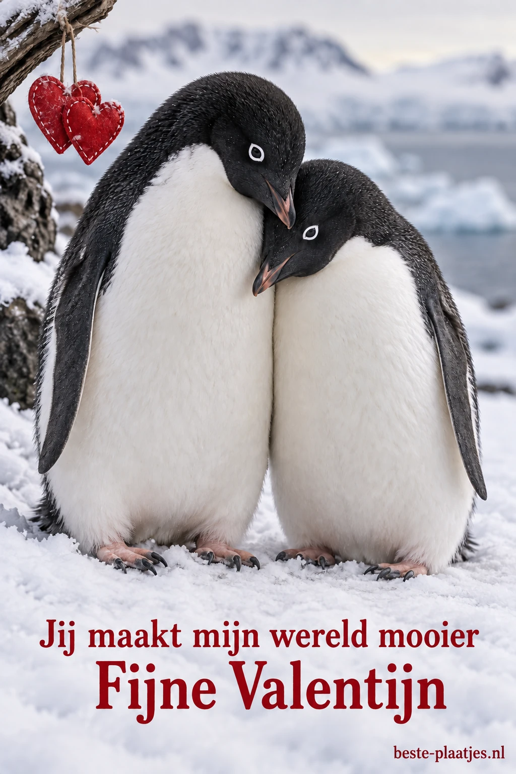 Twee pinguïns staan dicht tegen elkaar in de sneeuw.