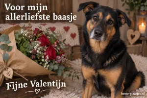 Een trouwe hond zit naast een boeket rode rozen.