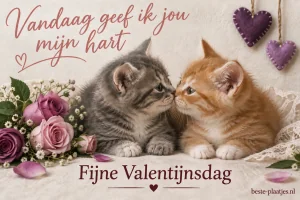 Twee echte kittens zitten bij een klein boeket paarse rozen.